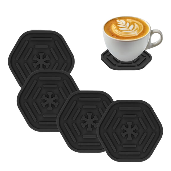 4pcs Silicone Coasters for Drinks, Hexagon Cup Coasters Coffee Cup Mat Black