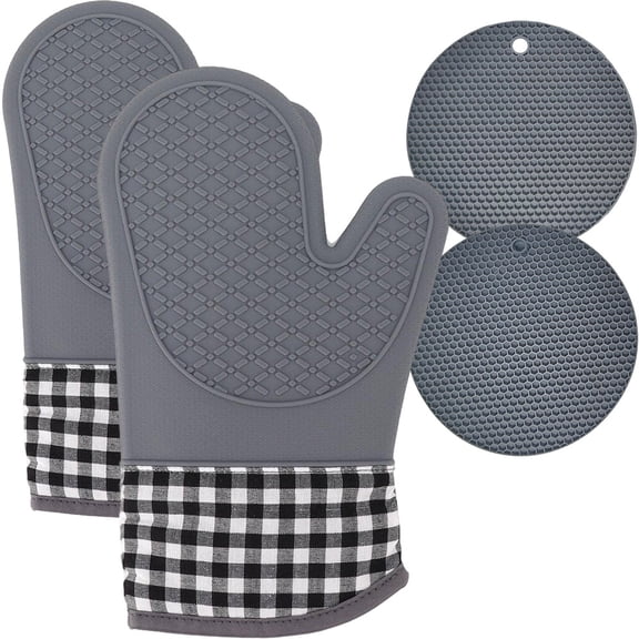4pcs Silicone Oven Mitts and Table Mats, Oven Mitts Heat Resistant, Oven Gloves with Non-Slip Textured Grip Waterproof, Perfect for BBQ, Cooking