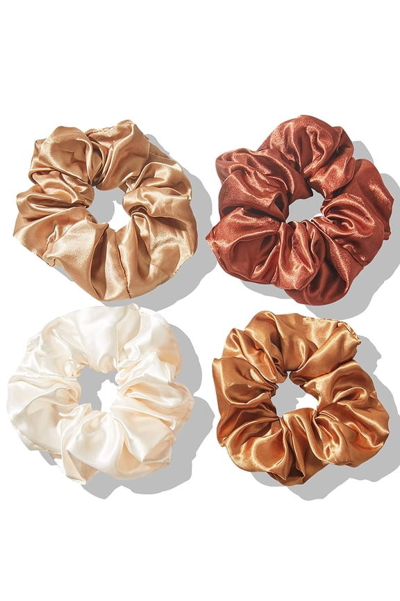 4pcs Silk Satin Hair Ties,Oversized Soft Hair Scrunchies for Women Girls Gift,Elastic Ponytail Holder Decorations,Hair Style Accessories,Light brown, coffee, dark brown, off-white Scrunchy