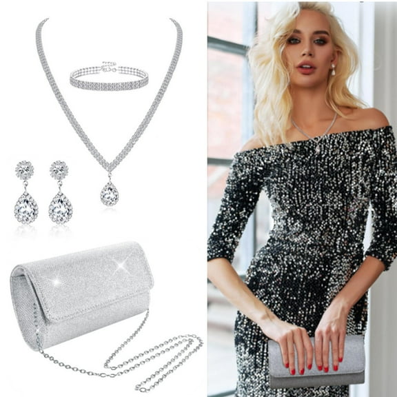 4pcs Silver Clutch Purse Jewelry Set for Women Evening Rhinestone Purse Crystal Necklace Earrings Bracelets Set Silver Accessories for Women Bride Wedding Jewelry