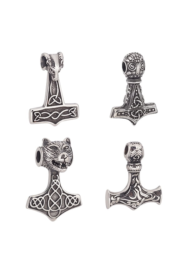 4pcs Silver Thor's Hammer Pendants 37~43mm 3 Styles Vintage Norse Mjolnir Amulet Pendant Knot Charms for Jewelry Making DIY