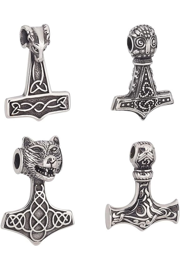 4pcs Silver Thor's Hammer Pendants 37~43mm 3 Styles Vintage Norse Mjolnir Amulet Pendant Knot Charms for Jewelry Making for DIY