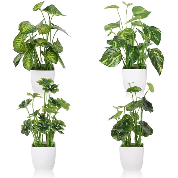 4pcs Small Fake Plants Potted Artificial Mini Fake Plant Set Greenery Evergreen Lotus Leaf Clover Luau Leaf for Desk Table Home Office Room Bedroom Decoration