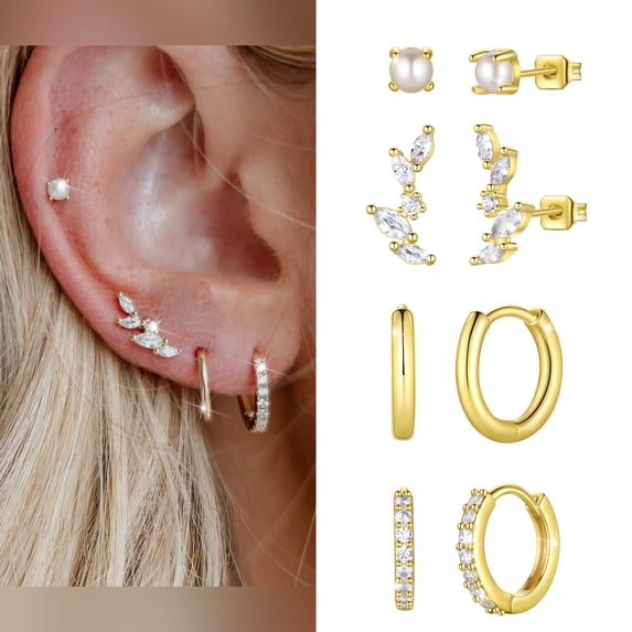 4pcs Small Hoop Earrings for Women, 14k White Gold Plated Small Stackable Earrings Set for Multiple Piercing, Dainty Cartilage Huggie Studs Sets Earring for Women