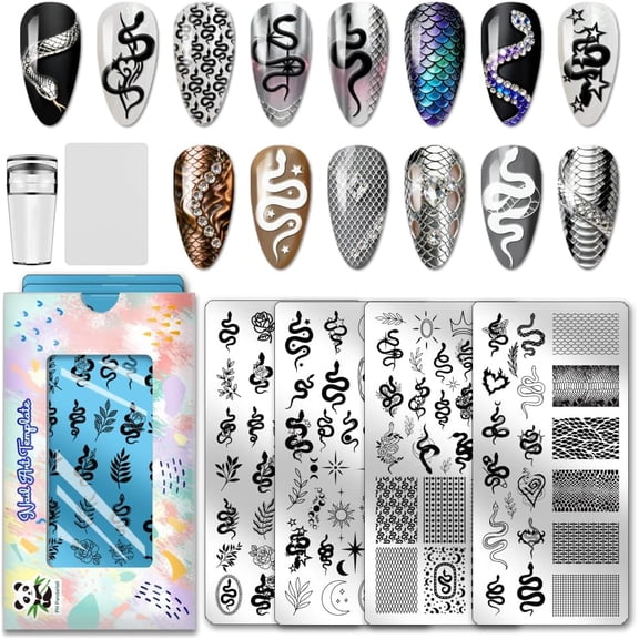 4pcs Snake Nail Stamping Plates Leaf Plants Nail Art Templates Mystical Manicure Stencils Sun Star Moon Nails Art Plate Nails Image Plates