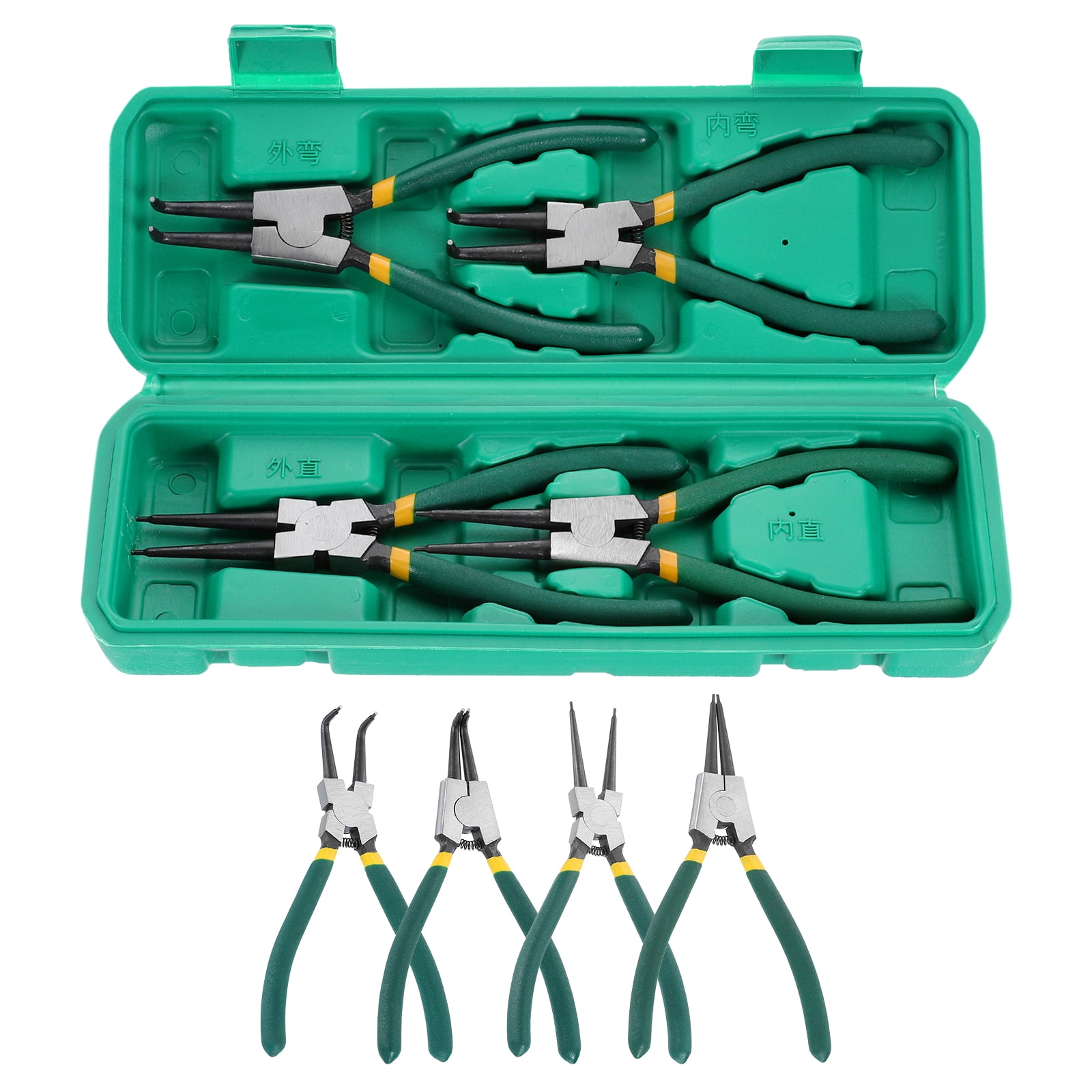 4pcs Snap Ring Plier Set 7" Internal & External Circlip Pliers with 0.08" Straight/Bent Jaw Tip with Case for Ring Remove Retaining Pliers, Green
