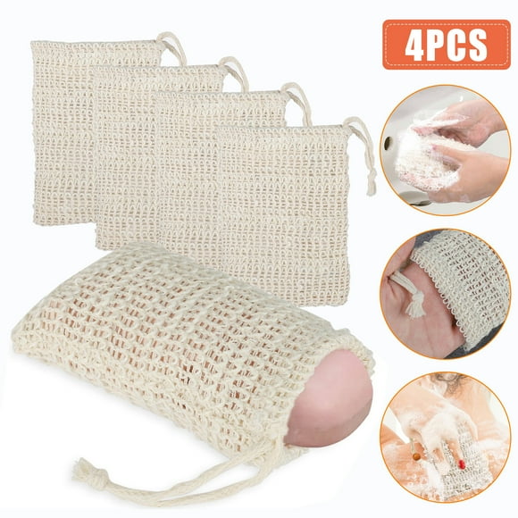 4pcs Soap Saver Bag, EEEkit Natural Linen Exfoliating Soap Saver Pouch, Bath Mesh Net Bags for Foaming, Lathering, Drying Soaps, Soap Bag Holders with Drawstring for Shower, Bath, 5.7x3.7"
