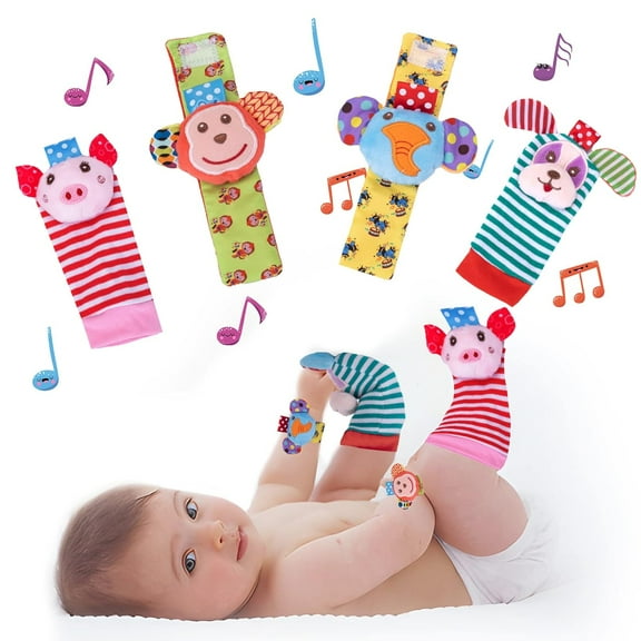 4pcs Soft Baby Wrist Rattle Foot Finder Socks Set Cartoon Socks for Babies Animal Plush Stuffed Infant Toys Baby Shower Birth Gift for Newborn Boy Girl 0-3 Years Old