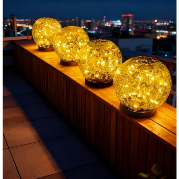 4pcs Solar Crack Glass Ball Outdoor Lights | Auto On/Off Pathway Lights with Ground Stakes | Warm Glow Garden & Patio Decor for Wedding & Halloween