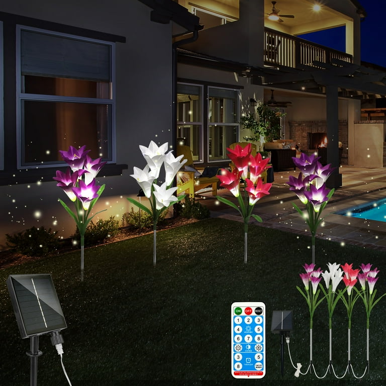 2 Pack Outdoor Solar Garden Stake Lights - TSV Solar Powered Lights with 8 Lily Flowers, Multi-Color Changing LED Solar Decorative Lights for Garden, Patio, Backyard Decorations (Purple and White) 2 Pack Outdoor Solar Garden Stake Lights - TSV Solar Powered Lights with 8 Lily Flowers, Multi-Color Changing LED Solar Decorative Lights for Garden, Patio, Backyard Decorations (Purple and White)