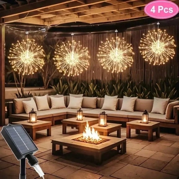 4pcs Solar Hanging Firework Lights 480 LED Solar Powered Outdoor Sparkling Starburst Sphere Lights 8 Modes Fairy Light For Patio