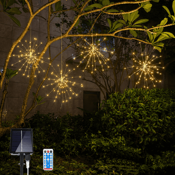 4pcs Solar Hanging Firework Lights 480 LED Solar Powered Outdoor Sparkling Starburst Sphere Lights 8 Modes Fairy Light For Patio