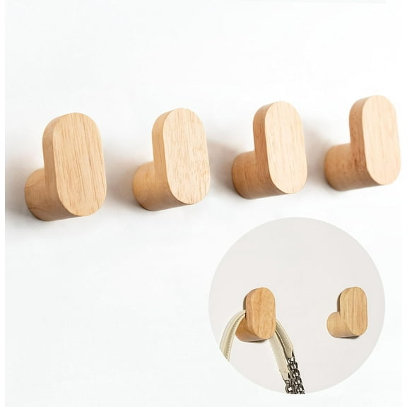 4pcs Solid Beech Wood Wall Hooks: Rustic Farmhouse Entryway Decor – 30lb Heavy Duty Coat Racks for Bathroom/Bedroom, Easy Install (Holds Jackets, Hats, Bags & Towels)