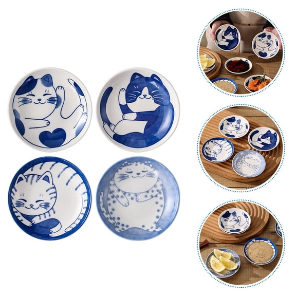 4pcs Soy Sauce Plates Vinegar Dish Ceramic Japanese Style Cat Patterned Mustard Dish