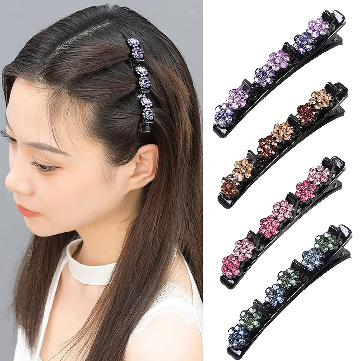 4pcs Sparkling Crystal Stone Braided Hair Clips Duckbill Clip Double hairpin Braided Hair Clip