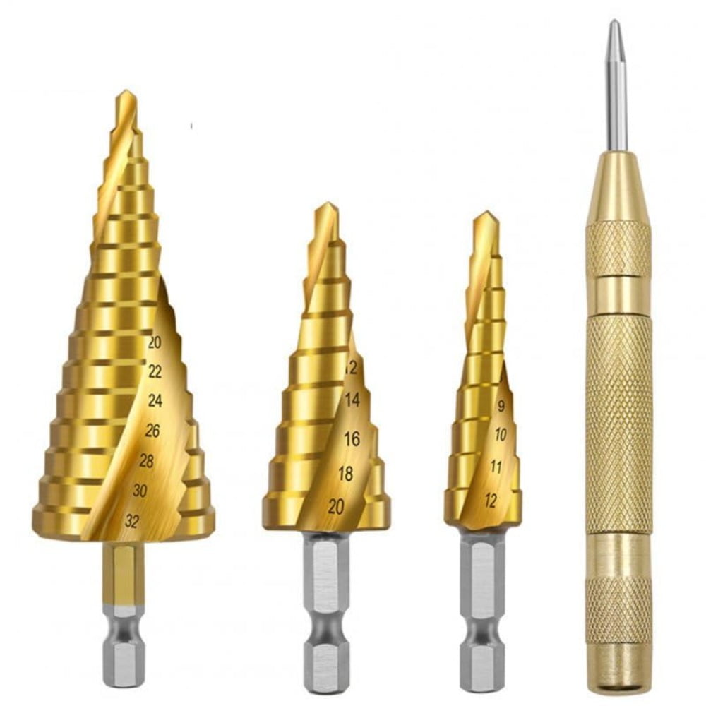 4pcs Spiral Step Drill Bit Sets with Center Punch Set Cone Hole Cutter Metal Wood Tools