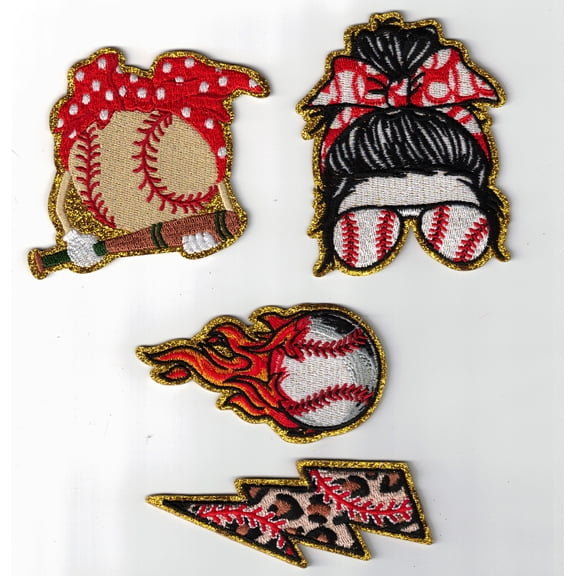 4pcs Sports Mom Baseball Gold Glitter DIY 3in Iron-on Patches