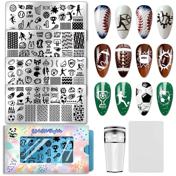 4pcs Sports Theme Nail Stamping Plates DIY Volleyball Basketball Nail Art Templates Football Tennis Nails Arts Stencils