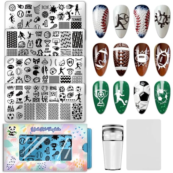 4pcs Sports Theme Nail Stamping Plates Volleyball Basketball Nail Art Templates Football Tennis Nails Arts Stencils Sports Events Nails Image Plates