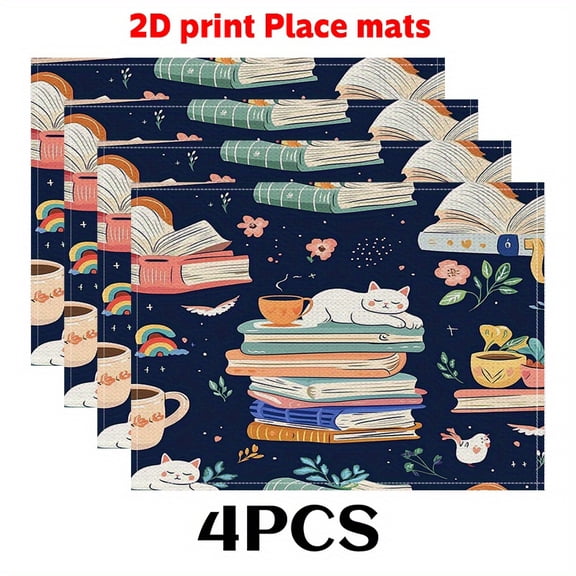 4pcs Spring Placemats - Whimsical Book Piles & Cats Design, Durable Table Mats 12x18 Inch, Hand Wash Only for Modern Kitchen & Dining Decor, Place Mats for Kitchen Table, Catthemed Design