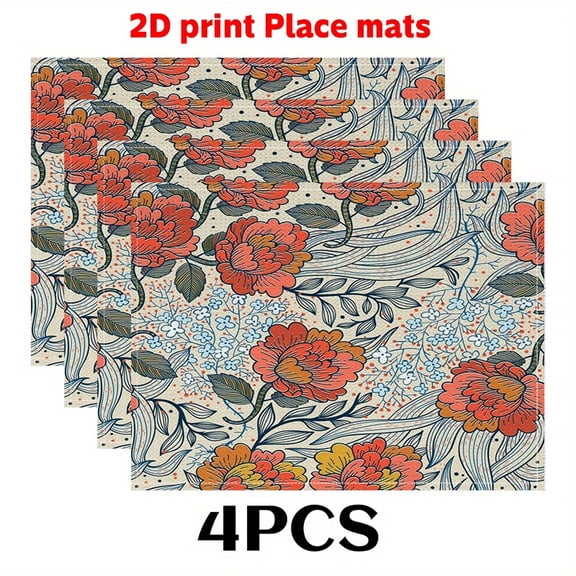 4pcs Spring Table Mats (2D Print)Blooming Flowers 12X18in-Trendy Table Overlay for Quaint DINING DECORATION, Vintage Kitchens