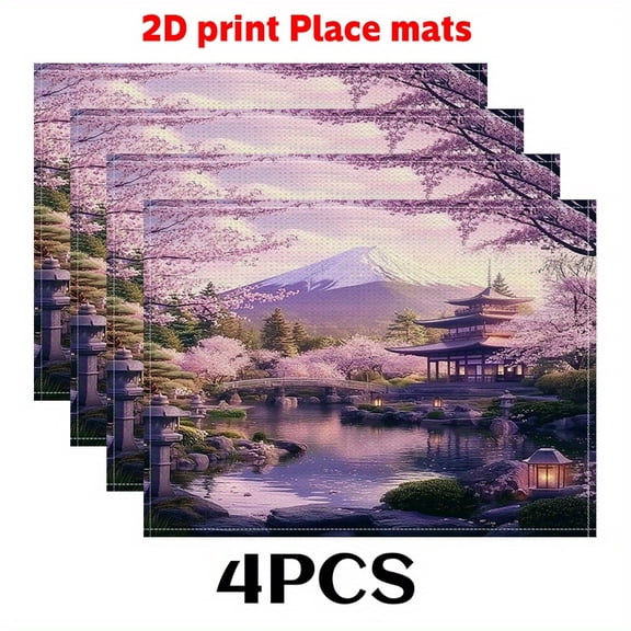 4pcs Spring scenery in Japan Placemats (2D print)Sakura Mount Fuji 12X18in-Trendy Table Overlay for Classic DINING DECORATION, Formal Homes, Table Setting, Formal Tableware, Trendy Placemats