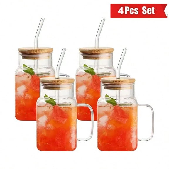 4pcs - Square Glass Cup, Large Capacity Straw Cup, High Profile Square Cup Lid, Glass Tea Summer Cup, Drinking Cup For Adults And Girls, Wedding Product Design, Gift For Daily Life Use