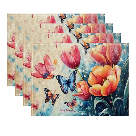 4pcs Square Placemats - Happy Floral & Butterfly Print,for Dining Table, Kitchen, Party, Indoor, Holiday, Dinner Parties And Home Decor (Table Mats) 12X18 Inch