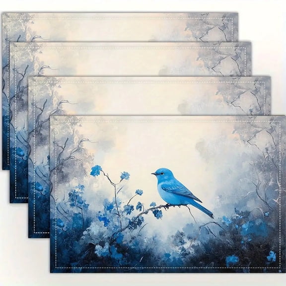 4pcs Square Placemats with Minimalist Blue bird Design - 12x18 Inch Durable Table Mats for Dining, Kitchen, Holiday Decor & Gifts, Machine Washable, Dining Table Mat