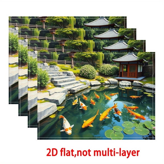 4pcs Square Placemats with Minimalist Koi fish Design - 12x18 Inch Durable Table Mats for Dining, Kitchen, Holiday Decor & Gifts, Machine Washable, Dining Table Mat
