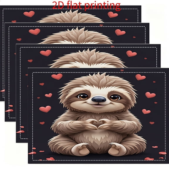 4pcs Square Placemats-with Cute Sloth and Heart Print,Perfect for Romantic and Whimsical Dining Scenes.for Dining Table, Kitchen, Party, Indoor, Holiday, Dinner Parties And Home Decor,12X18 Inch