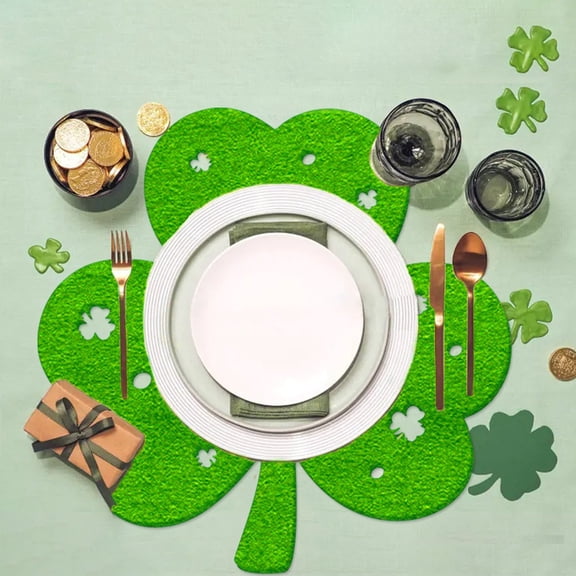 4pcs St Patricks Day Cutout Felt Placemats, Irish Festival Table Decor Mats with Shamrock Pattern, Dining Table Arrangement Supplies, Home Party and Spring Festival Kitchen Decorations, 11.5*11.8in
