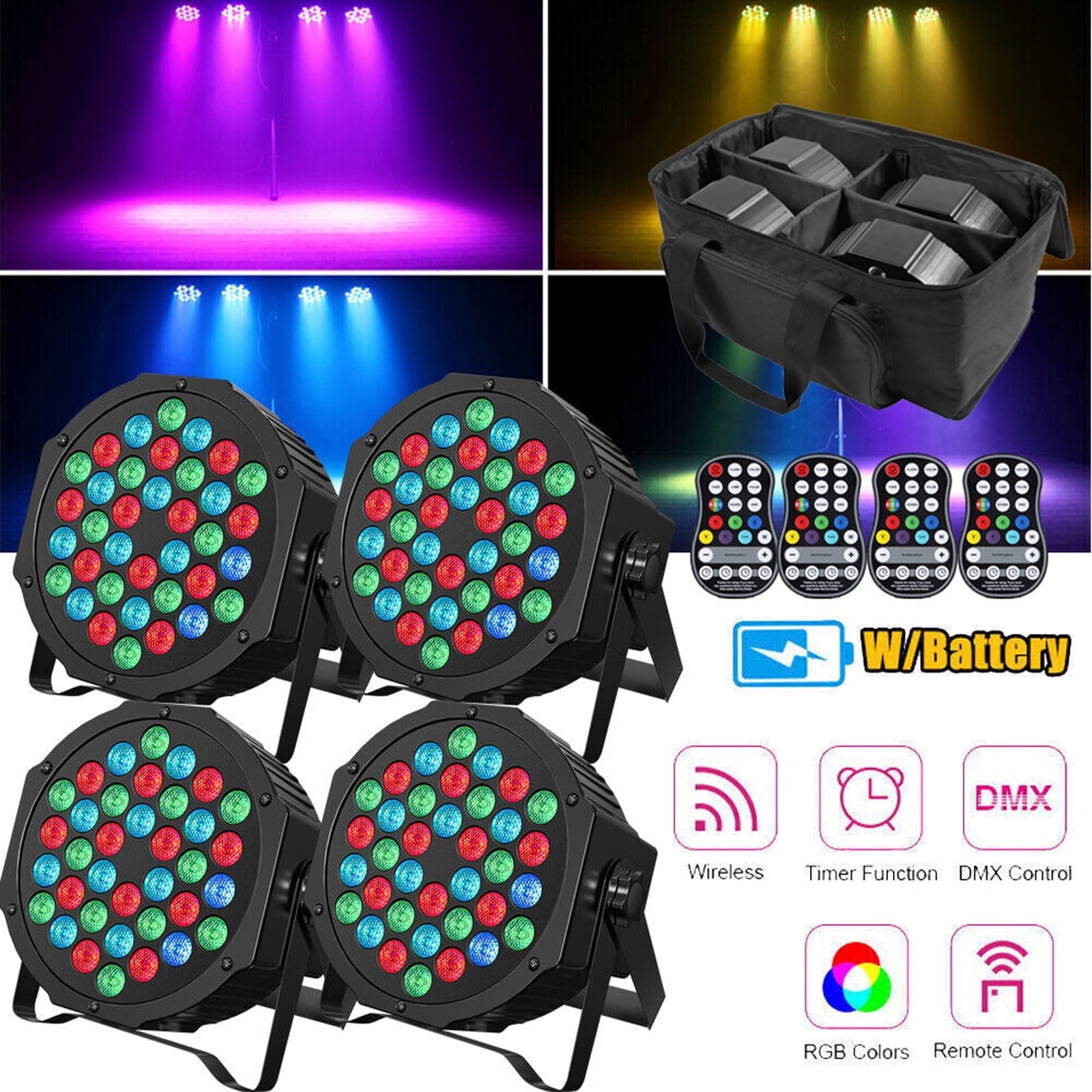 4Pack Stage Light 36 LED Par Lights, Rechargeable RGB Uplights with DJ Light Storage Bag for Christmas Halloween Music Party Disco Wedding