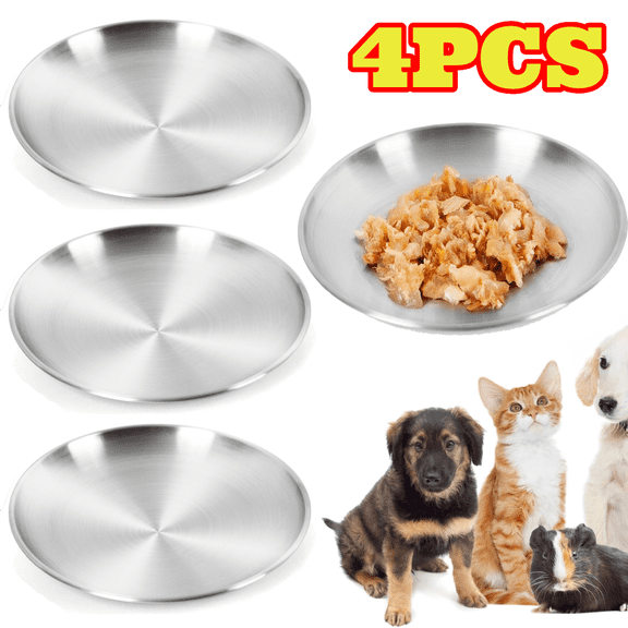 4pcs Stainless Steel Cat Dishes, Whisker Friendly Shallow Cat Bowls, Flat Plates for Wet & Dry Food and Water Bowls, Relief Whisker Fatigue