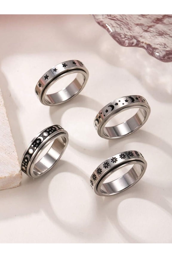 4pcs Stainless Steel Rotatable Fidget Rings Set - Color 10: Silver Tone With Star, Moon, Flower Patterns