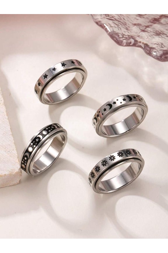 4pcs Stainless Steel Rotatable Fidget Rings Set - Color 9: Silvertone With Star, Moon, Flower Patterns