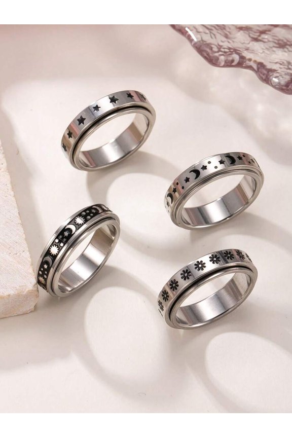 4pcs Stainless Steel Rotatable Fidget Rings Set - Silver Tone With Star, Moon, Flower Patterns (Color 8)