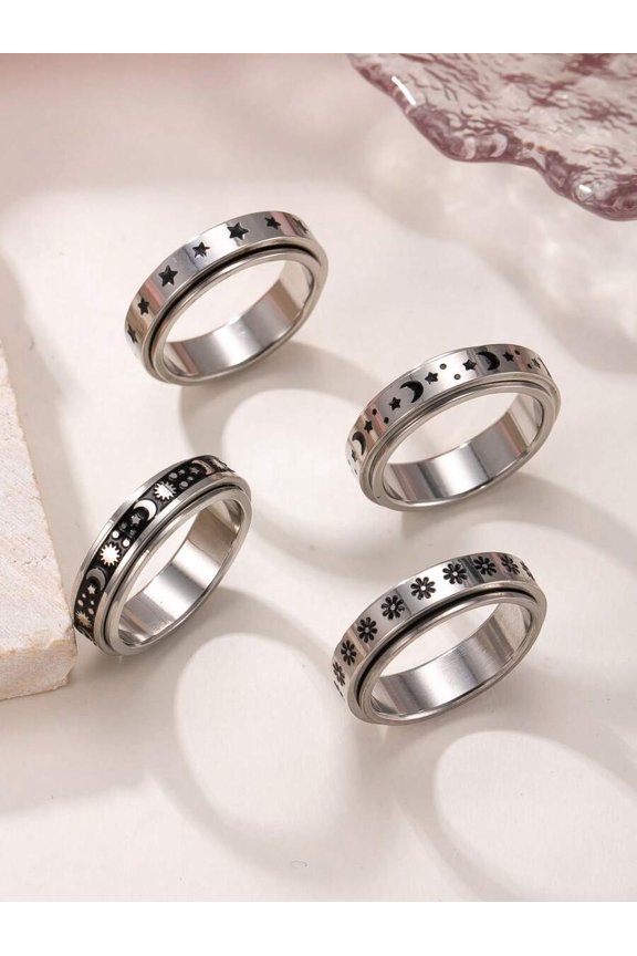 4pcs Stainless Steel Rotatable Fidget Rings Set - Silver Tone With Star, Moon, Flower Patterns