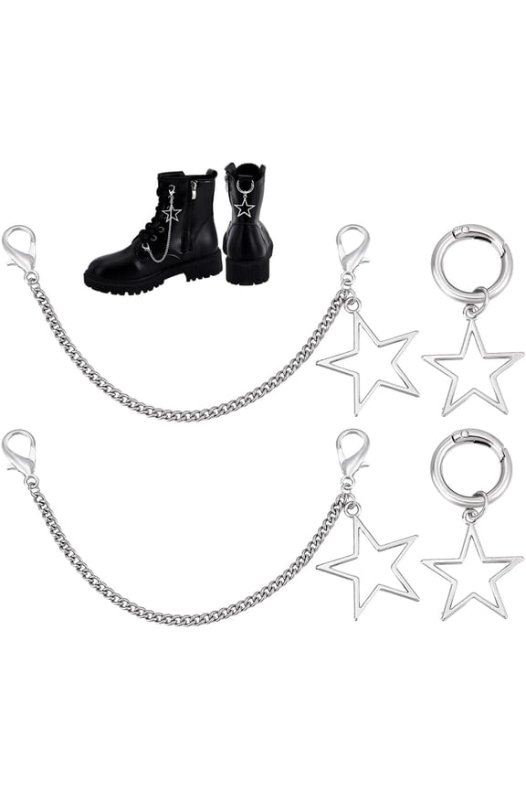 4pcs Stainless Steel Shoe Charms Chain Star Shoelace Chains Shoe Clips Shoelace Charm Charms for Sneakers Goth Bag Charm Canvas Shoes Keychain Bag Women Shoes Decorations