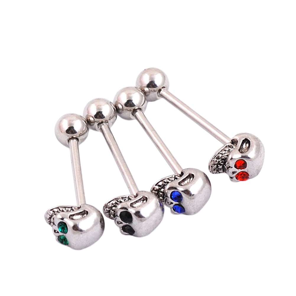 4pcs Stainless Steel Skull Diamonds Tongue Rings Barbell Piercing