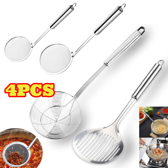 4pcs Stainless Steel Spider Strainer Skimmer Ladle for Cooking and Frying, Kitchen Utensils Wire Strainer Pasta Strainer Spoon Hot Pot Fat Skimmer Spoon