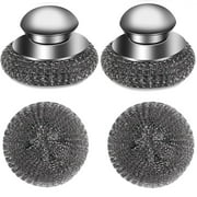 4pcs Steel Wool Scrubber with Replacement Wire Pads Set, Stainless Steel Scrubber with Handle for Scouring Stubborn Messes from Cast Iron, Pots, Pans, Grill, Stoves, Sink2 Scrubber+2 Pads