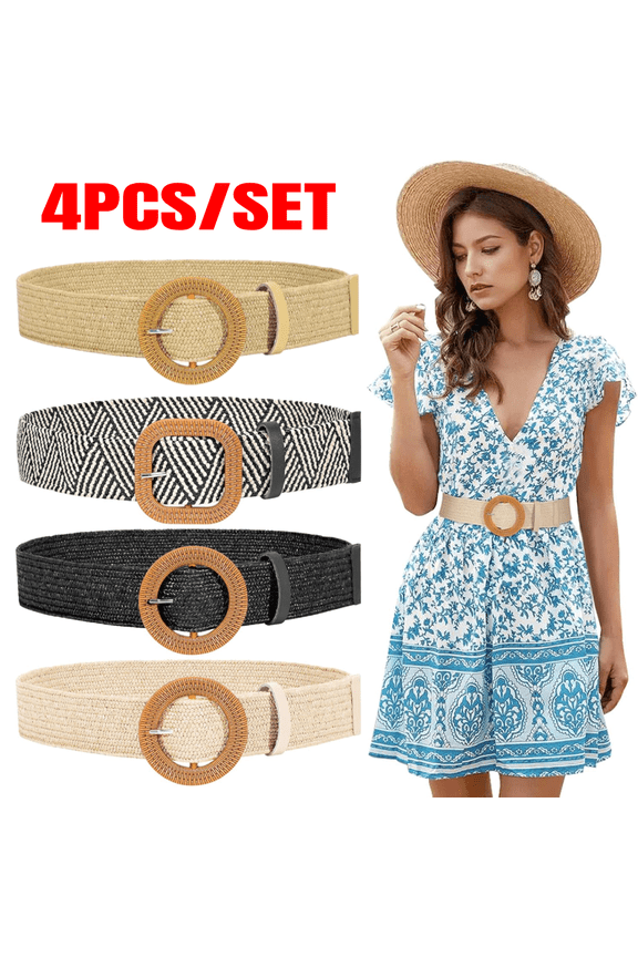 4pcs Straw Woven Belts Elastic Stretch Belts Women Raffia Dress Waist Band Boho Ladies Braided Dress Belts