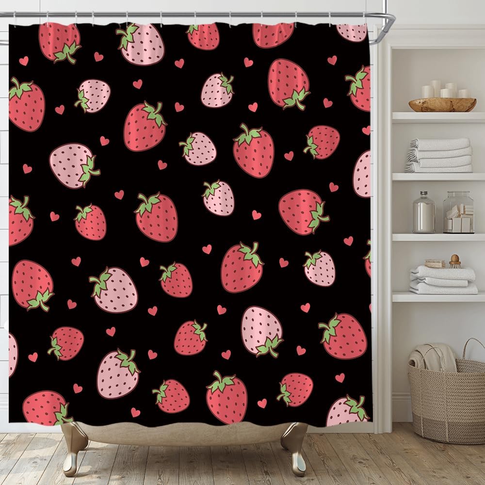 4pcs Strawberry Shower Curtain Set with Rug Cute Fruit Light Pink