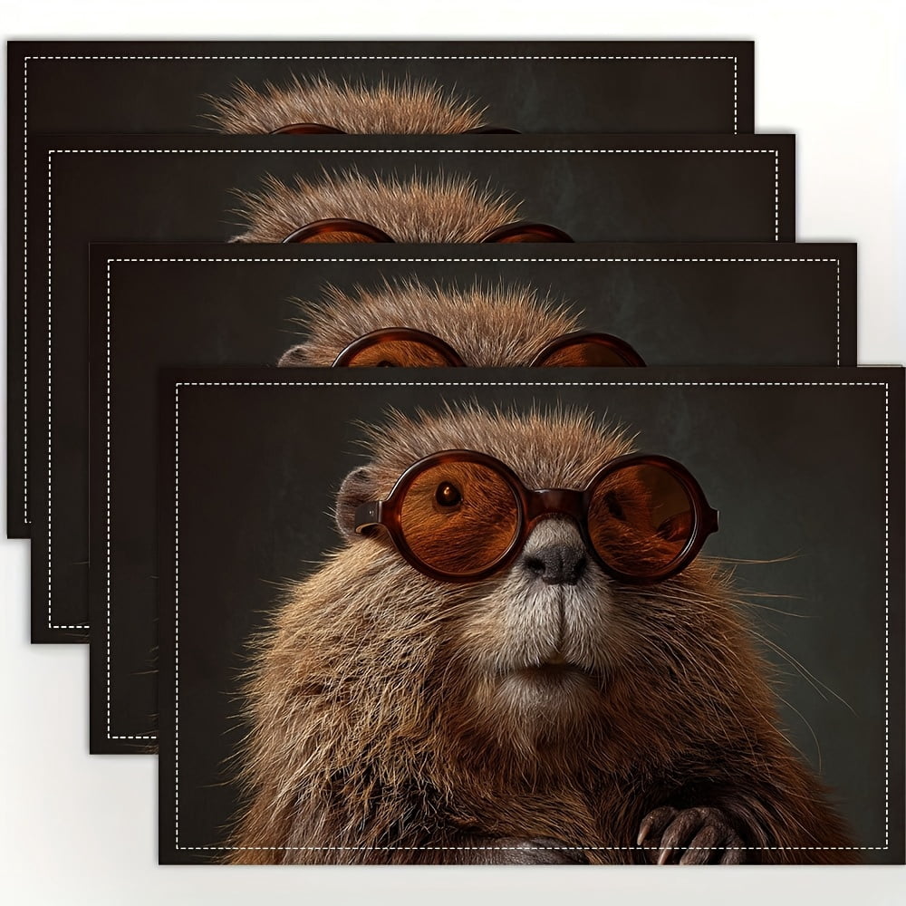 4pcs Stylish Beaver with Fashion Glasses Placemats - Cute Beaver Print ...