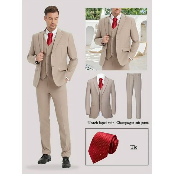 4pcs Suit - Stylish And High Quality for Weddings, Parties Or Formal Events - Classic Lapel Tuxedo, Stylish Tie, Classic Lapel Blazer, Adjustable Vest, Formal Suit Trousers, 4pcs Assortment
