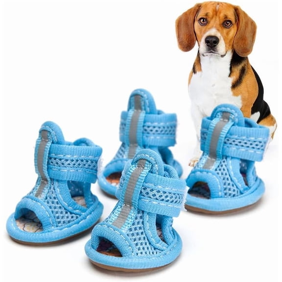 4pcs Summer Dog Shoes for Hot Pavement, Pet Dog Breathable Boots Dog Mesh Sandals Breathable Summer Dog Shoes Antis- Slip Sneakers for Small Dog Cat Walking Running Outdoor