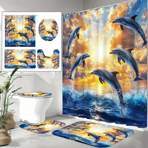 4pcs Sunset Sea View Dolphins Pattern Shower Curtain Set, Non Slip Floor Mat, Toilet U-shaped Pad, Toilet Lid Pad, Bathroom Decor Accessories, Bath Curtain With 12 Hooks, 70.8x70.8 Inches
