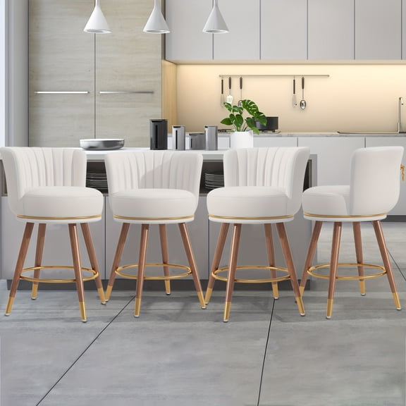 4pcs Swivel Bar Stools, 26" Counter Height Bar Stools with Back, 360 Swivel Bar Chairs with Wood Legs And Footrest, Upholstered White Bar Stool for Kitchens Island, Rustic Bar, 300lbs
