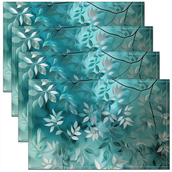 4pcs, Teal Leaf Placemats Leaves Table Place Mats for Teens Glitter Placemat for Kitchen Dining Table Party Decor Indoor Outdoor Leaf Branches,  Party Tableware, Botanical Theme, Glitter Accents